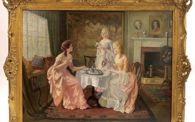 Carl Hirschberg Large Oil on Canvas "Afternoon Tea"