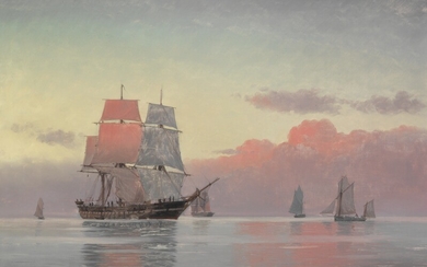 Carl Locher: Sunrise over a calm sea with numerous sailing ships. Signed Carl Locher. Oil on canvas. 88×126 cm.