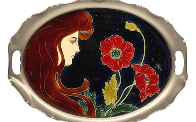 Carl Sigmund Luber (German 1896-1934), a Johann von Schwarz ceramic Art Nouveau tray with metal mounts, c.1900, impressed R, incised Q 8933, painted b.318, A, Decorated in raised outline with the profile head of an art nouveau maiden and poppies...