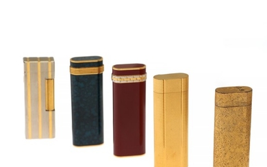Cartier, Dupont: A collection of four Cartier lighters and a Dupont lighter. (8)