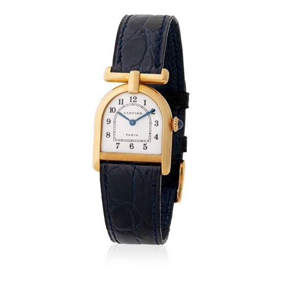 Cartier Paris. Valuable and Unusual Bell shaped Calandre Wristwatch in Yellow Gold, With Black Arabic Numerals Dial and Papers