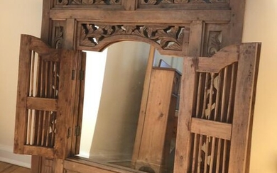 Carved Pine Wood Wall Mirror w Shutter Design