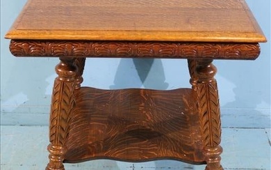 Carved oak large square 2 tier center table