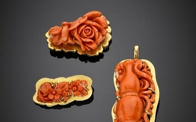 Carved orange coral and yellow gold lot comprising two