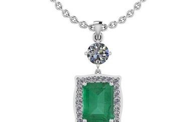 Certified 3.30 Ctw Emerald and Diamond I2/I3 14K White Gold Victorian Style Pendant Necklace