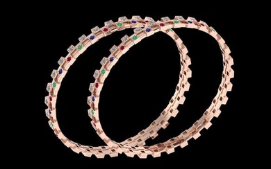 Certified 4.34 Ctw SI2/I1 Multi Emerald,Ruby,Sapphire And Diamond 14K Rose Gold Bangles
