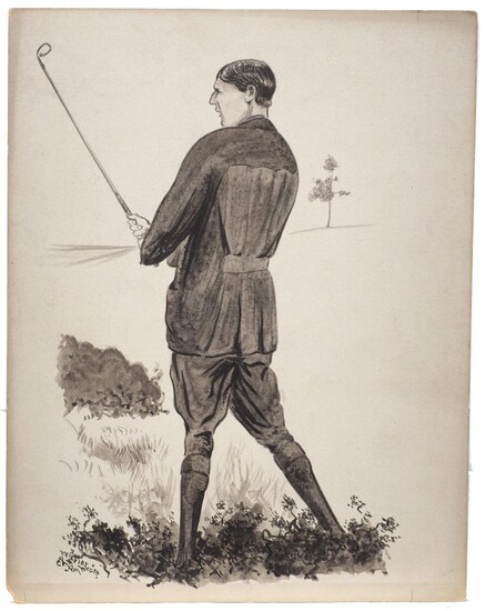 Charles Napier Ambrose, British 1876-1946- Ritchie's run-up shot; brush and black ink and wash heightened with white on grey coloured paper, signed, 29 x 22.7 cm: together with three other drawings/original artworks for illustration of golfers and...