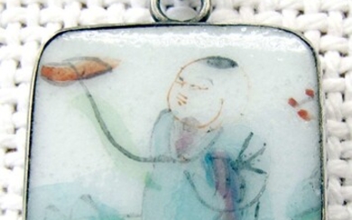 China antique hand painted figurine on porcelain in silver frame miniature pendant.