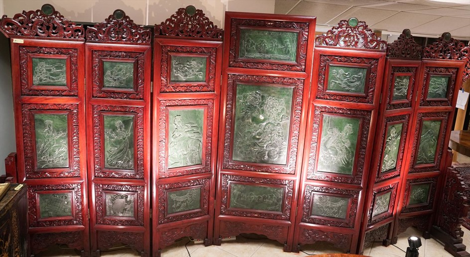 Chinese Carved Wood Jade Inset Seven Panel Screen PK1A
