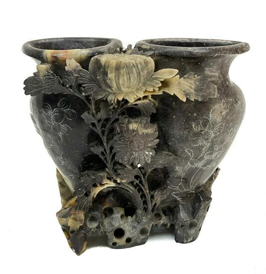 Chinese Carved and Engraved Black Stone Double Vase