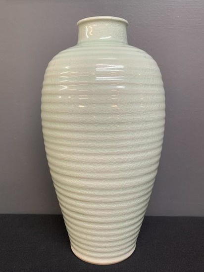Chinese Celadon Craquelure Ribbed Vase, Signed