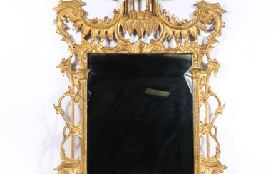Chinese Chippendale Chinoiserie Ornately Carved Gilt Mirror With Dimensional Pagoda Cap 51"H x 34"W