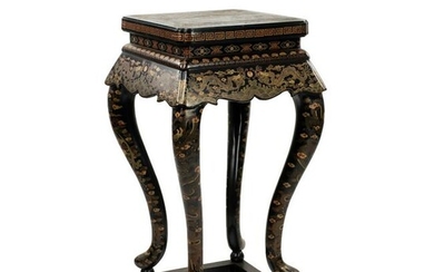Chinese Dragon Motif Black Lacquer Pedestal Table