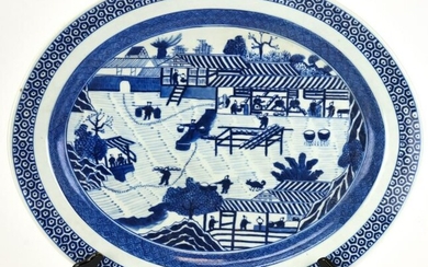Chinese Hand Painted Blue & White Oval Platter