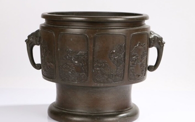Chinese bronze censer, Qing dynasty, 19th Century, with elephant mask handles and eight panels