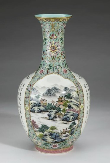 Chinese famille rose scenic bottle vase, 13"h