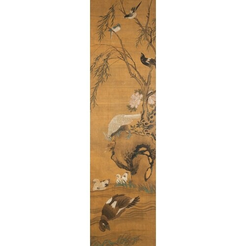 Chinese school, ink and color on silk: 'Ducks and birds near...