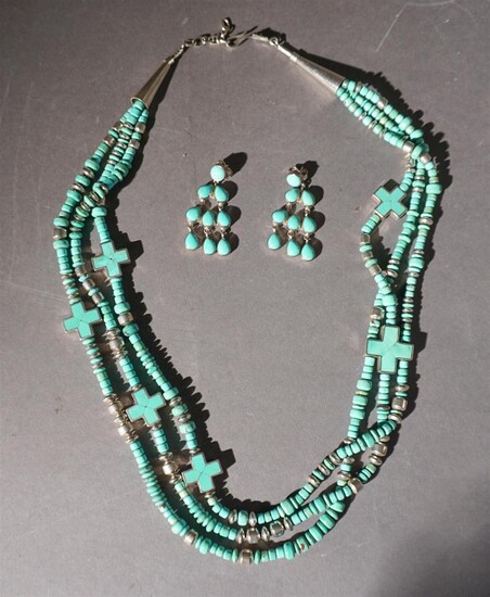 Christian Wolf Three-Strand Sterling Silver and Turquoise Necklace and Pair Earrings