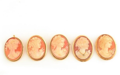 Collection of Five Shell Cameo, Diamond, Yellow Gold