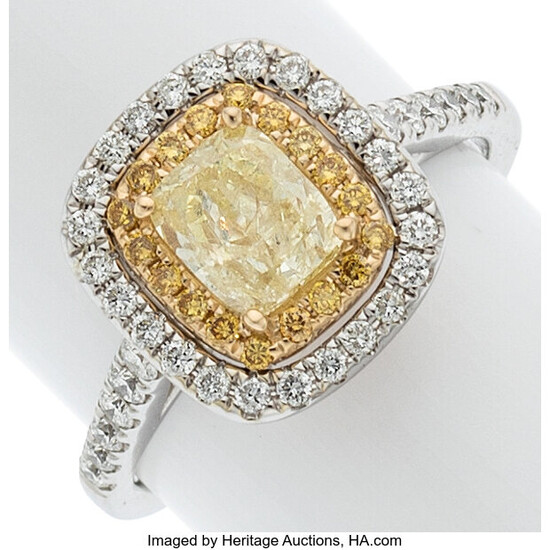 Colored Diamond, Diamond, Gold Ring Stones: Cushion-cut yellow diamond...