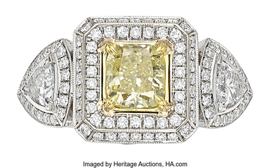 Colored Diamond, Diamond, White Gold Ring Stones: Cushion-cut yellow...