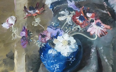 Constantin Kluge (1912-2003), Flower still life in blue ginger jar,...