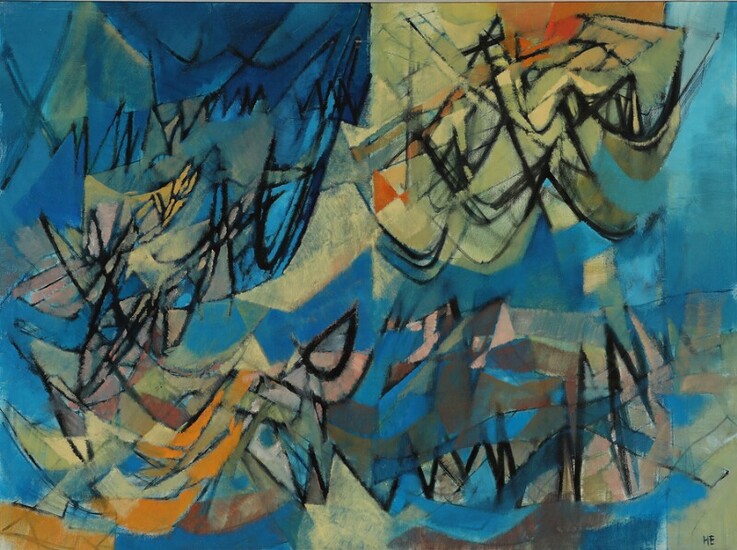 NOT SOLD. Helge Ernst: "Komposition 1968". Signed HE. Oil on canvas. 97 x 130 cm....