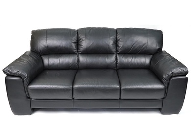 Contemporary three seater settee with black leather upholste...