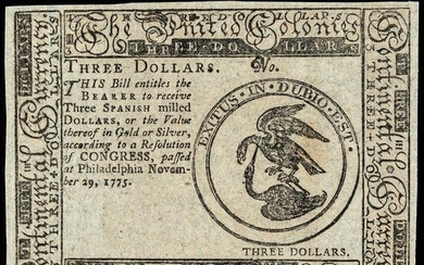 Continental Nov. 29, 1775 $3 Blue Detector Gem CU