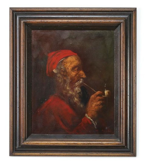 Continental O/c of man smoking a pipe, signed