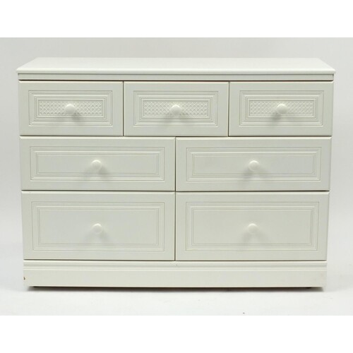 Cream painted seven drawer chest, 85cm H x 115cm W x 41cm D