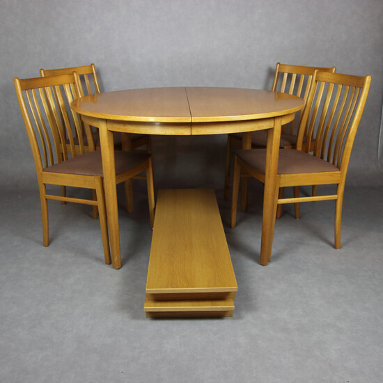 DINING FURNITURE, 5 + 2 parts, lacquered oak, second half of the 20th century.