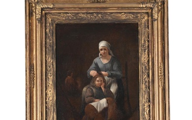 DUTCH SCHOOL (19TH CENTURY), A PEASANT WOMAN AND HER DAUGHTER IN A COTTAGE INTERIOR