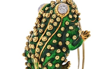 David Webb Frog Platinum & 18K Yellow Gold Green Frog Enamel Diamonds Brooch