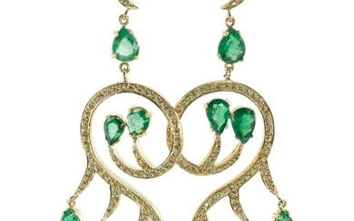 Diamond Emerald Earrings 18K Gold Dangle Chandelier