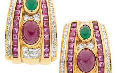 Diamond, Ruby, Emerald Gold Earrings Stones: Full-cut diamonds weighing...