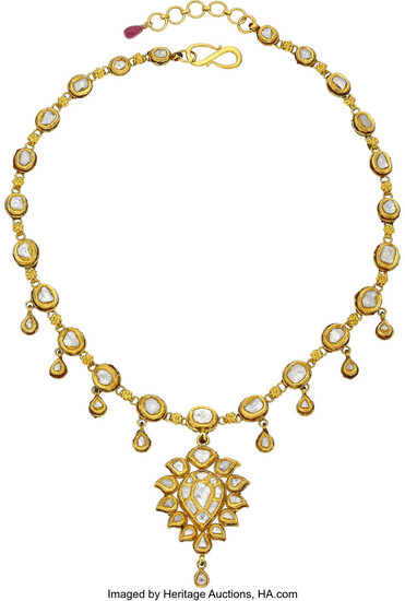 Diamond, Ruby, Enamel, Gold, Silver Necklace Stones: Polki-cut diamonds;...
