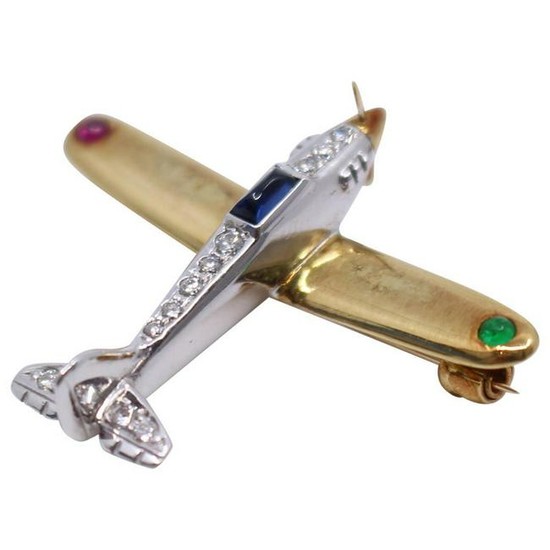 Diamond & Semi Precious Stone Set Gold Aeroplane Brooch