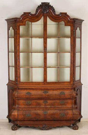 Dutch burr walnut display cabinet with two smaller