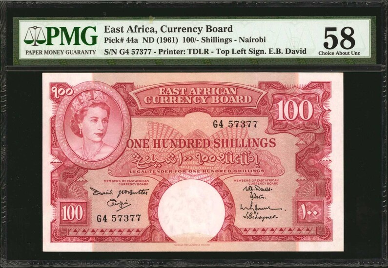 EAST AFRICA. Currency Board of East Africa. 100 Shillings, ND (1961). P-44a. PMG Choice About Uncirculated 58.