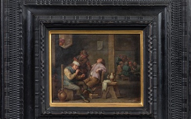 ECOLE HOLLANDAISE fin du XVIIème - début XVIIIème siècle. Intérieur d'auberge. Huile sur cuivre. 26 x 33 cm. Dans un cadre de style Louis XIII.