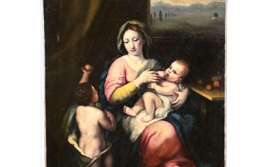ÉCOLE ITALIENNE fin XVIIIè. « Vierge allaitant à l’enfant sur un fond de paysage avec...
