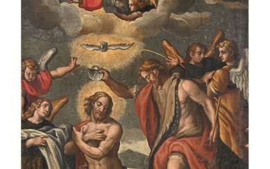 ÉCOLE ITALIENNE fin XVIè début XVIIè. «Le baptême du Christ». Huile sur toile (dans son...