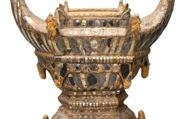 Early Carved Wooden East Asian Ceremonial Vessel Decorated with Mica