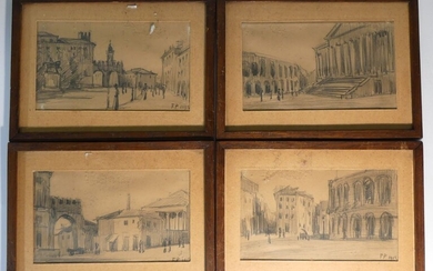 Ecole début XXème. Suite de 4 dessins représentants des vues de villes animées. Portent un...