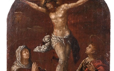 École européenne du 18e siècle. Christ en croix, huile sur panneau, façonné, non encadré 20.25"...