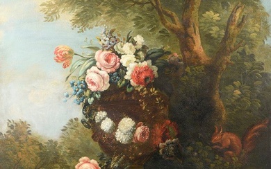 Ecole française de la fin du XVIIIe siècle. Natures mortes aux vase fleuris perroquet, faisan,...