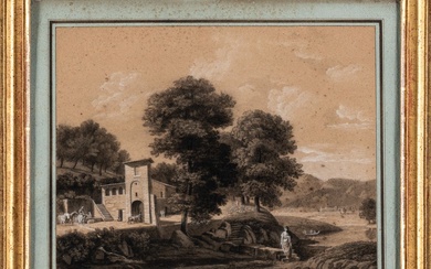 Ecole française vers 1800. Paysage avec une fontaine au pied d’une villa. Pierre noire et...