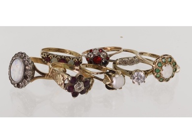 Eight 9ct gold/tests 9ct rings, stones include diamond, ruby...