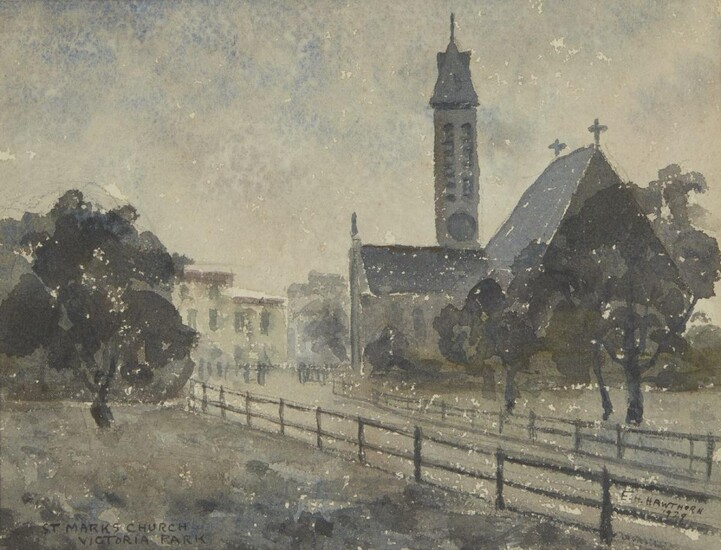 Elwin Hawthorne, British 1905¬®1954 - St Mark's Church, Victoria Park, 1929; watercolour and pencil on paper, signed and dated lower right 'E Hawthorne 1929' and titled lower left 'St Marks Church Victoria Park', 16.8 x 22.3 cm (ARR) Provenance:...